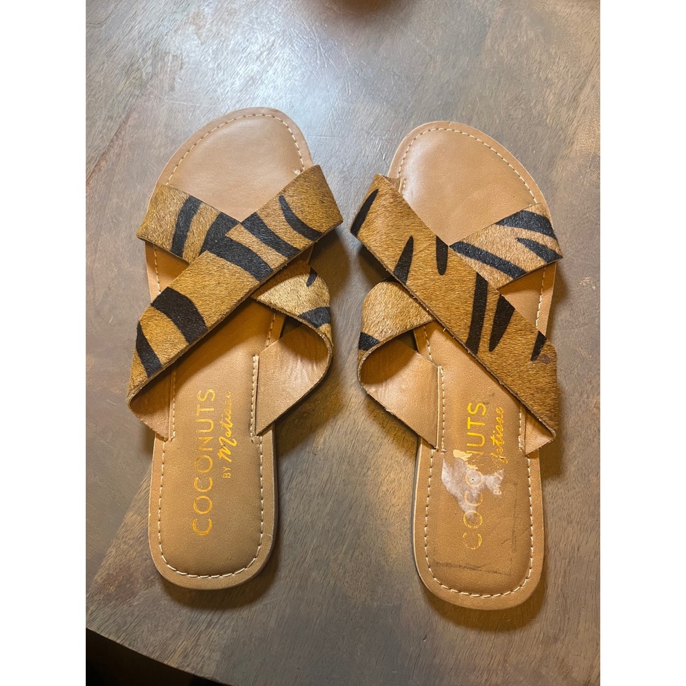 Coconuts by Matisse Womens Pebble Slide Sandals Calf Hair Tiger Print Brown 10 M